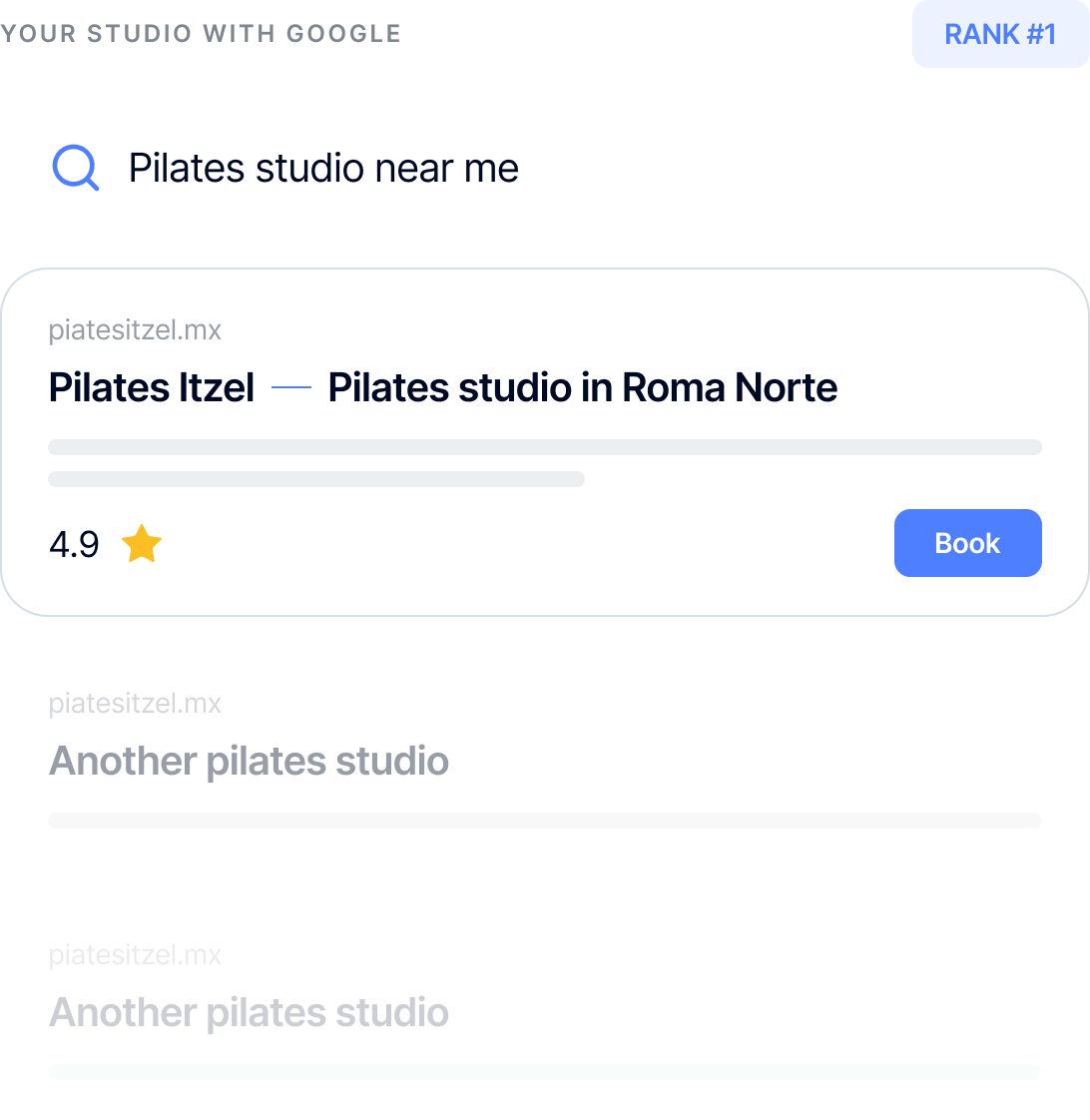 Search results for Pilates studios including Pilates Itzel in Roma Norte with a 4.9-star rating.