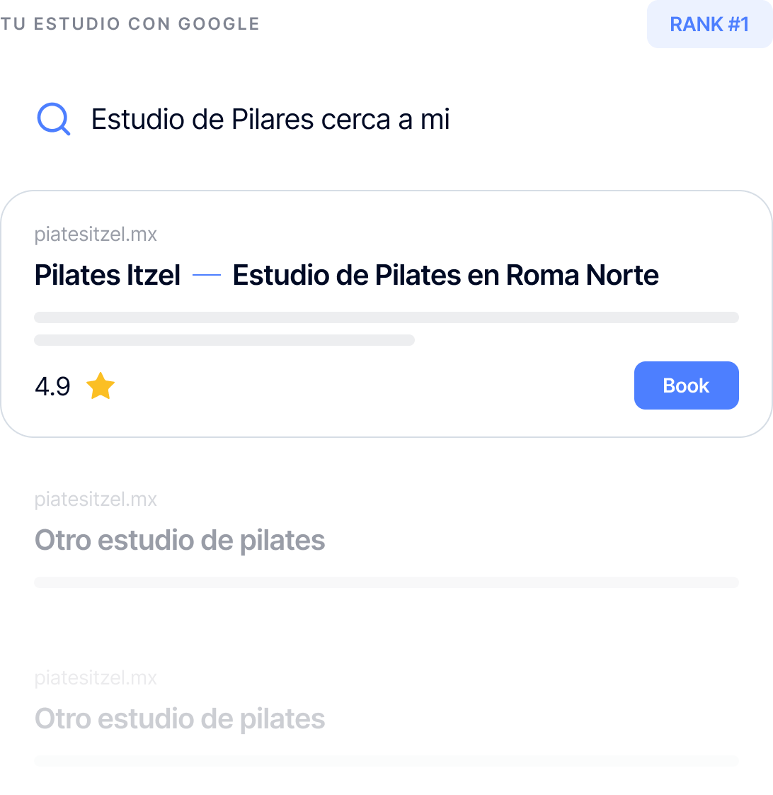 Google search results for nearby Pilates studios showing Pilates Itzel with 4.9 star rating and booking option.