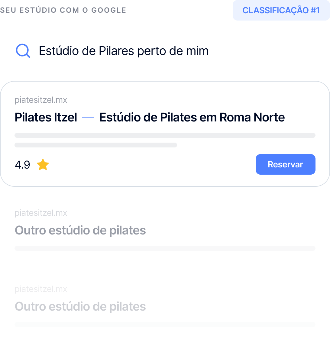 Google search for Pilates studios showing top result Pilates Itzel in Roma Norte with 4.9 star rating and reserve button.