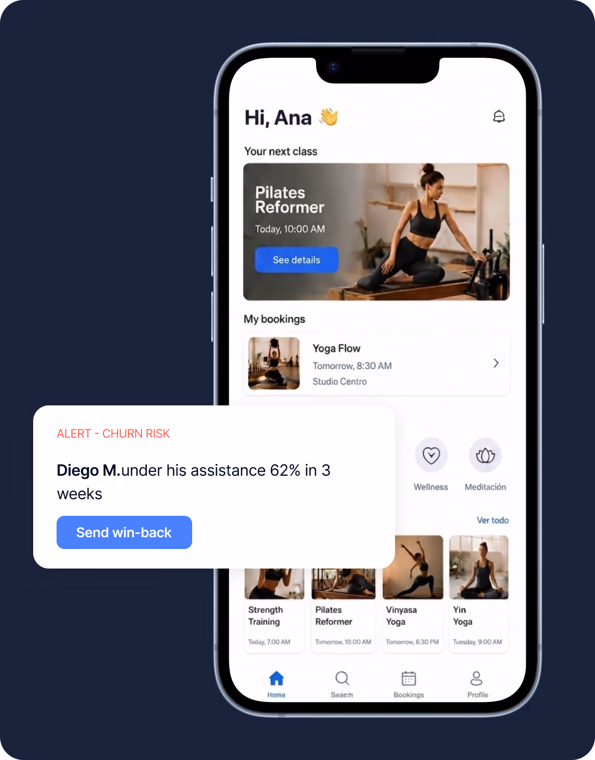 Fitness app on phone showing Pilates Reformer class and alert about Diego M.'s 62% attendance drop in 3 weeks.