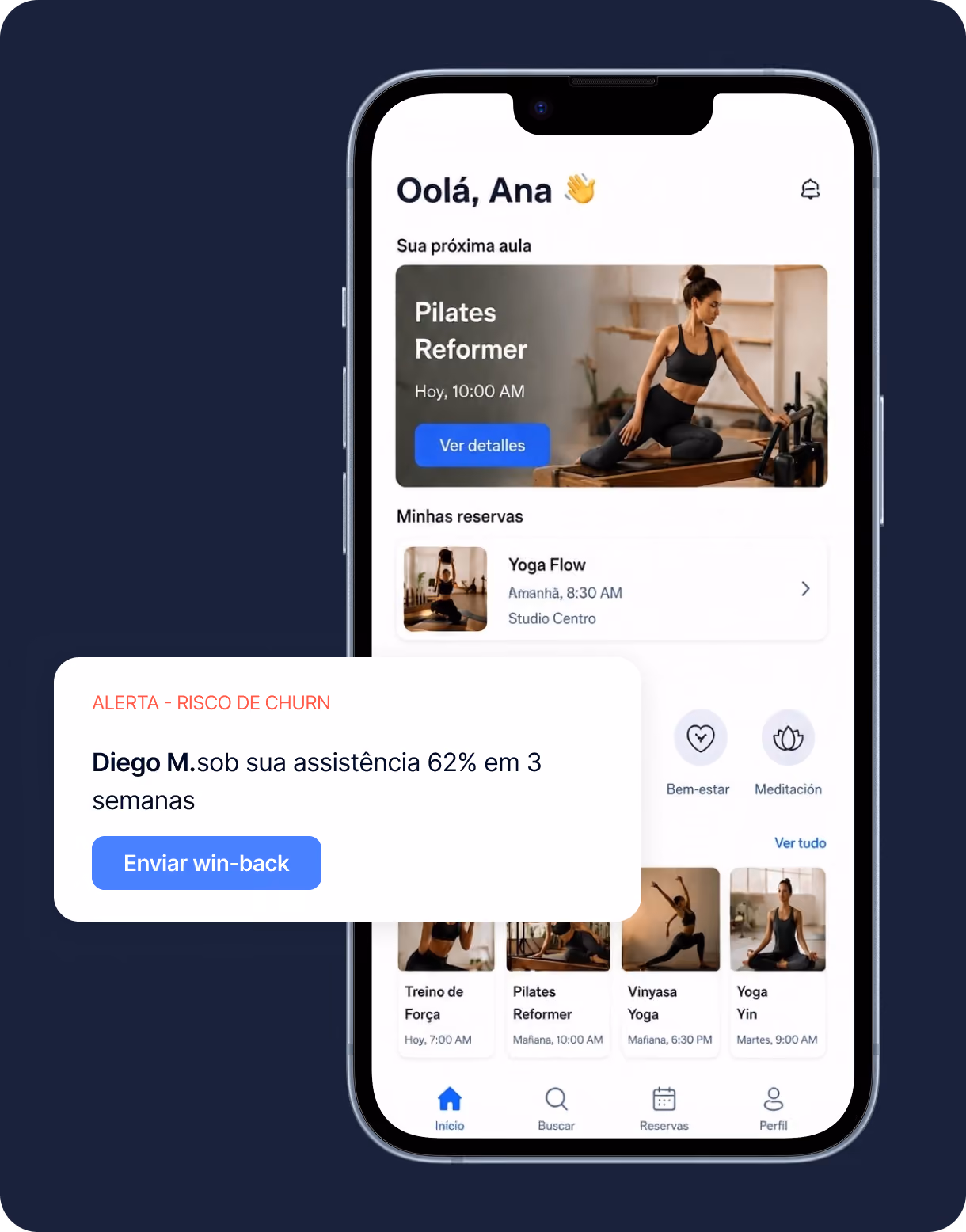 Mobile screen showing Pilates and Yoga class schedule, reservation details, and churn risk alert for a user.