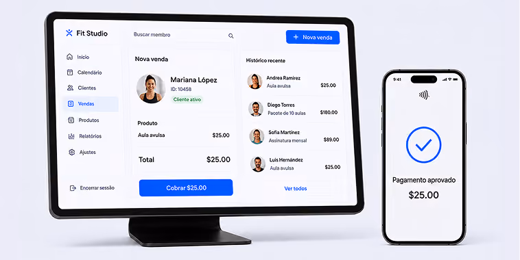 Fit Studio sales screen showing recent transactions on a monitor and payment approval of $25 on a smartphone.