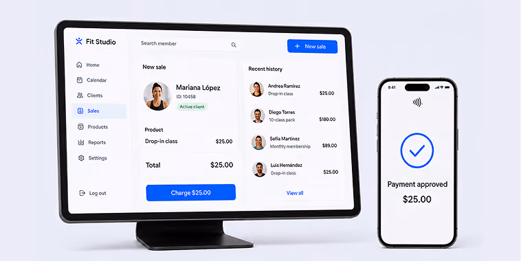 Desktop showing sales dashboard with new sale and recent history; phone screen shows payment approved for $25