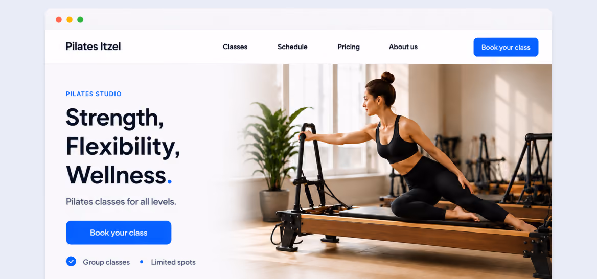 Woman in black workout clothes doing Pilates exercise on reformer machine in bright studio.