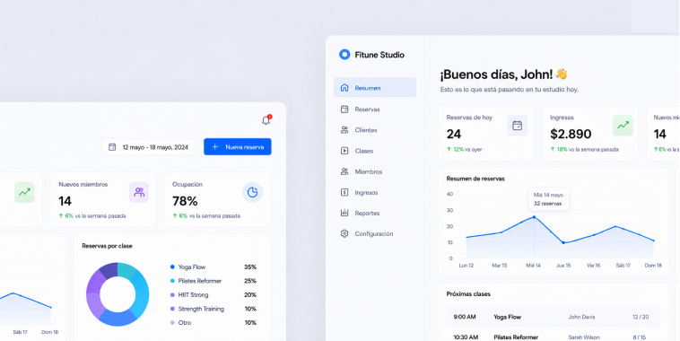 Dashboard showing gym class reservations, new members, occupancy rate, and income summary for Fitune Studio.