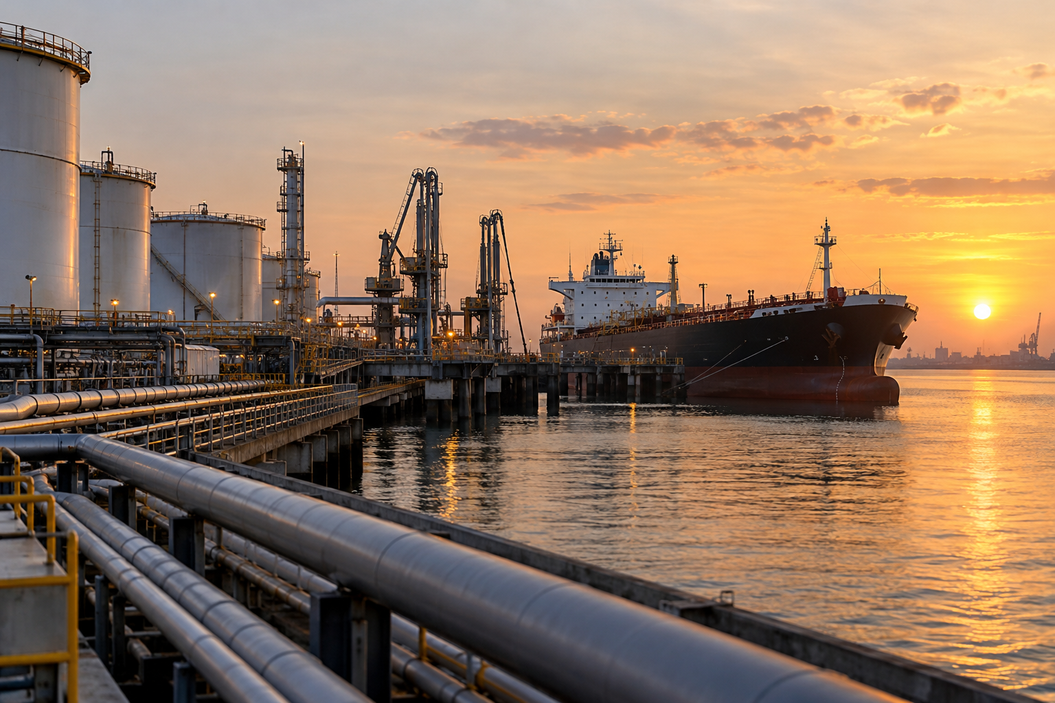 Buque petrolero en puerto al atardecer, con tanques de almacenamiento y tuberías