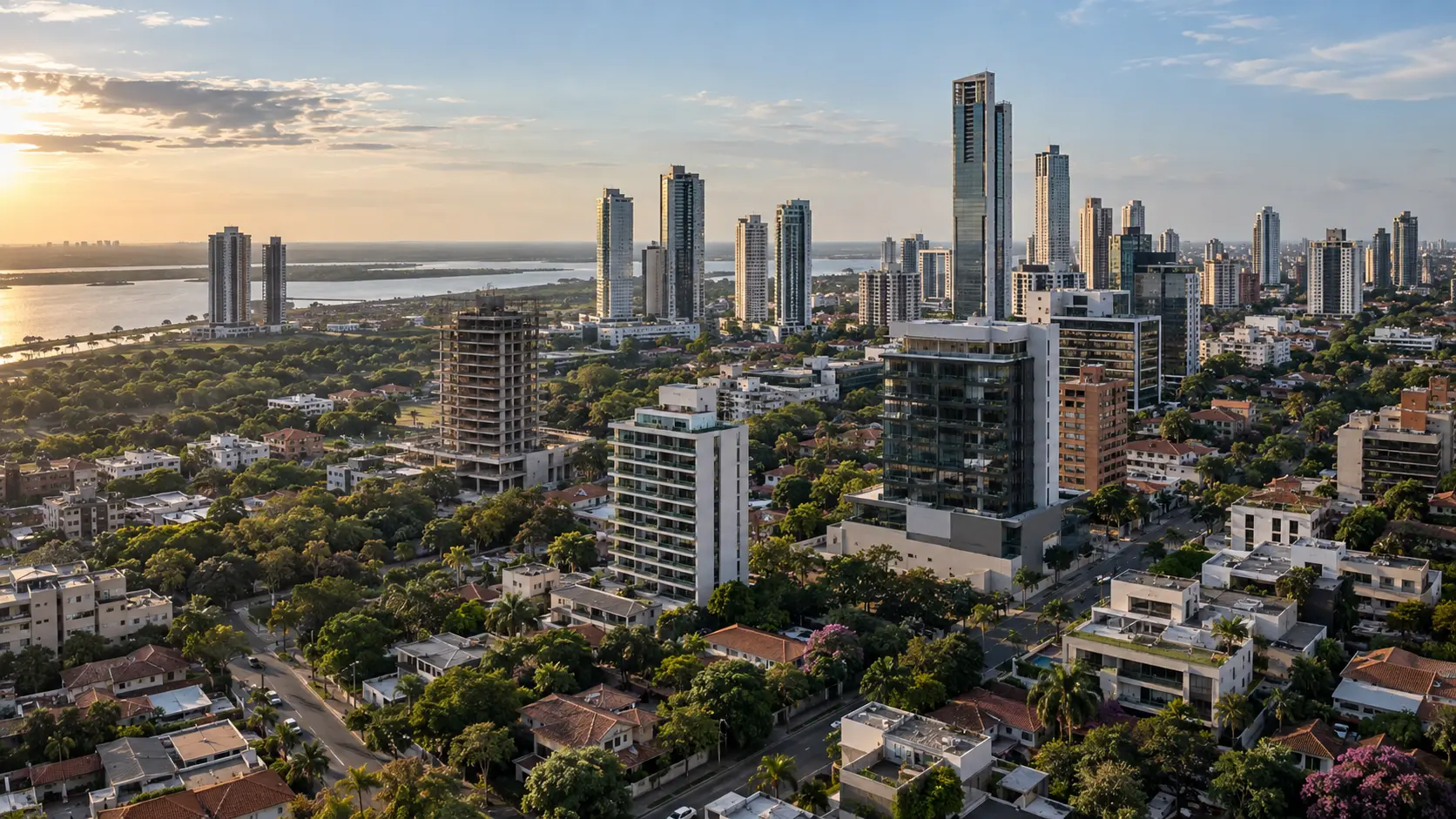 Desarrollo urbano con edificios y obras en construcción, representativo de la inversión inmobiliaria en Paraguay.