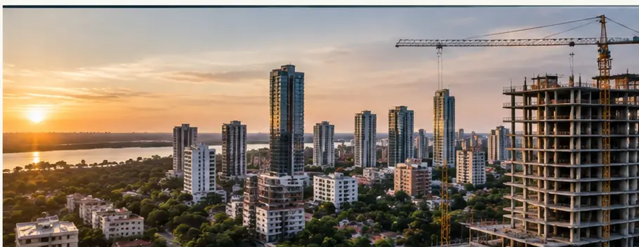 Vista urbana de Asunción con edificios consolidados y nuevos desarrollos inmobiliarios al atardecer.