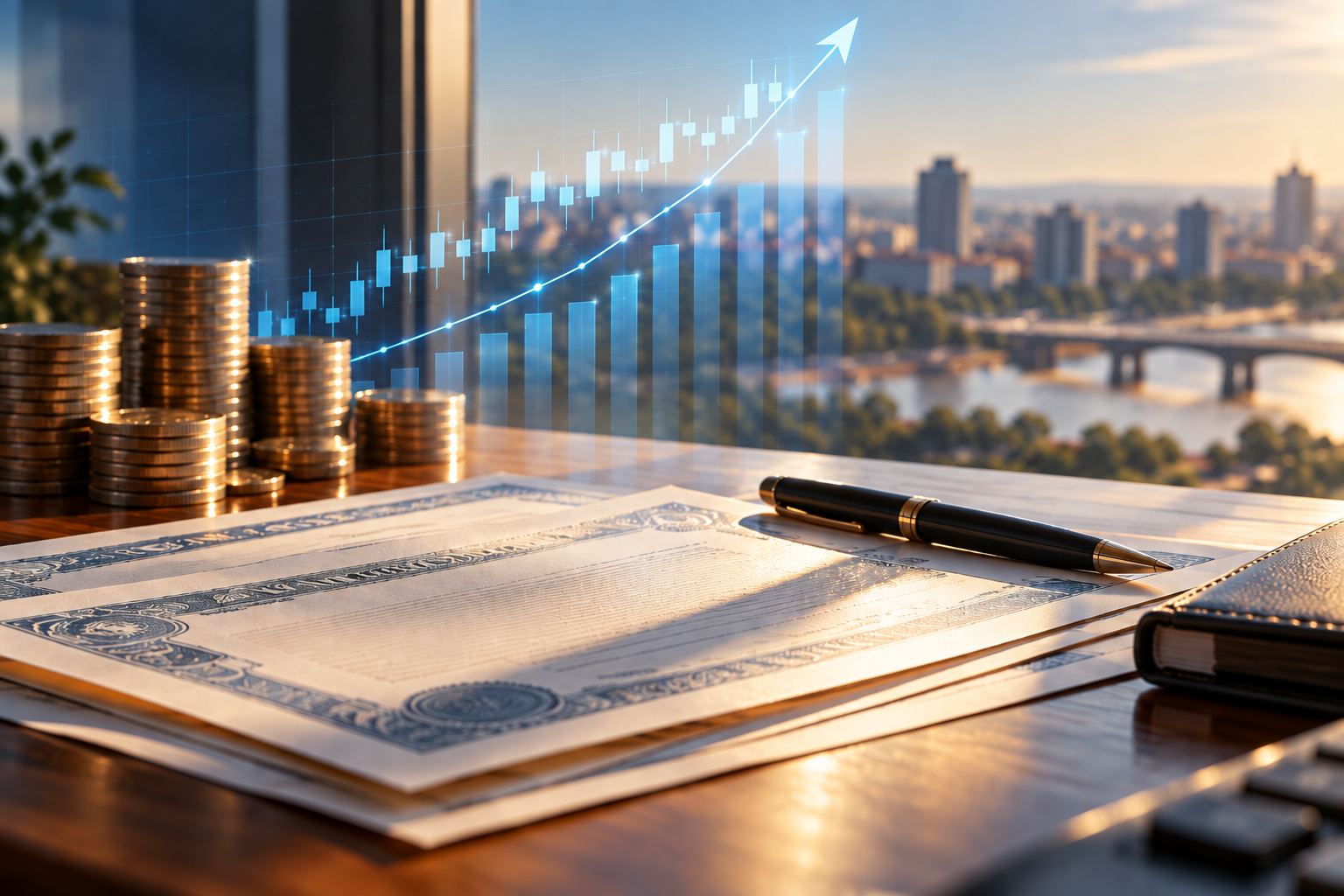 Imagen conceptual de bonos del Tesoro y mercado financiero con tendencia ascendente