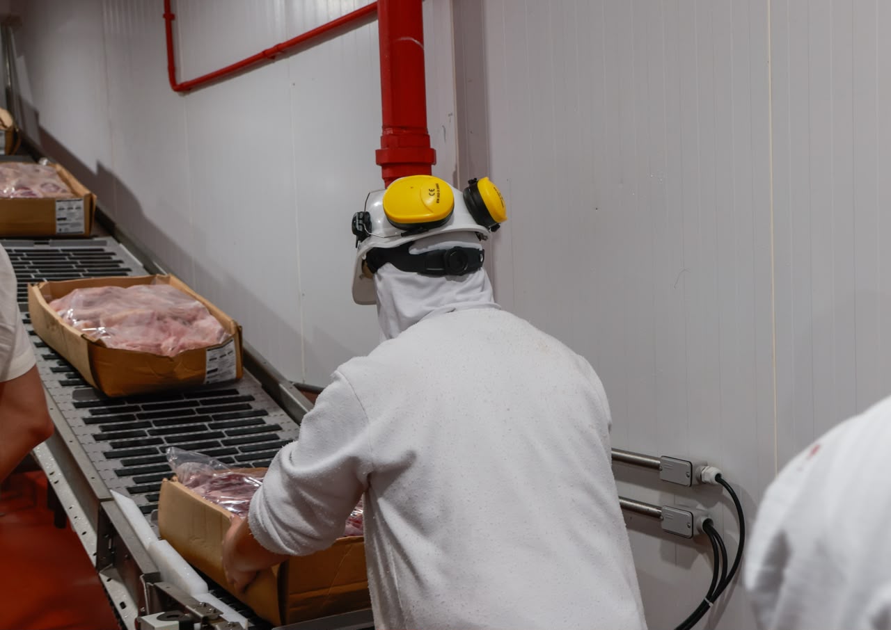 Trabajador procesando carne porcina envasada en la planta del Grupo Costa en Katueté. Fuente: MIC.