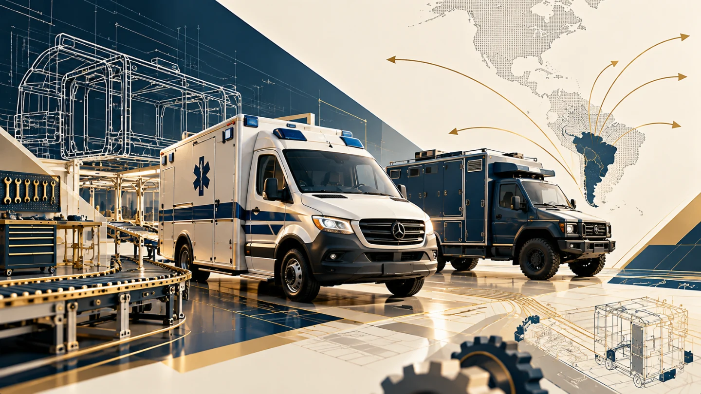 Ilustración conceptual de ambulancias y vehículos especiales con planos técnicos; no muestra instalaciones reales de Hard & Soft.
