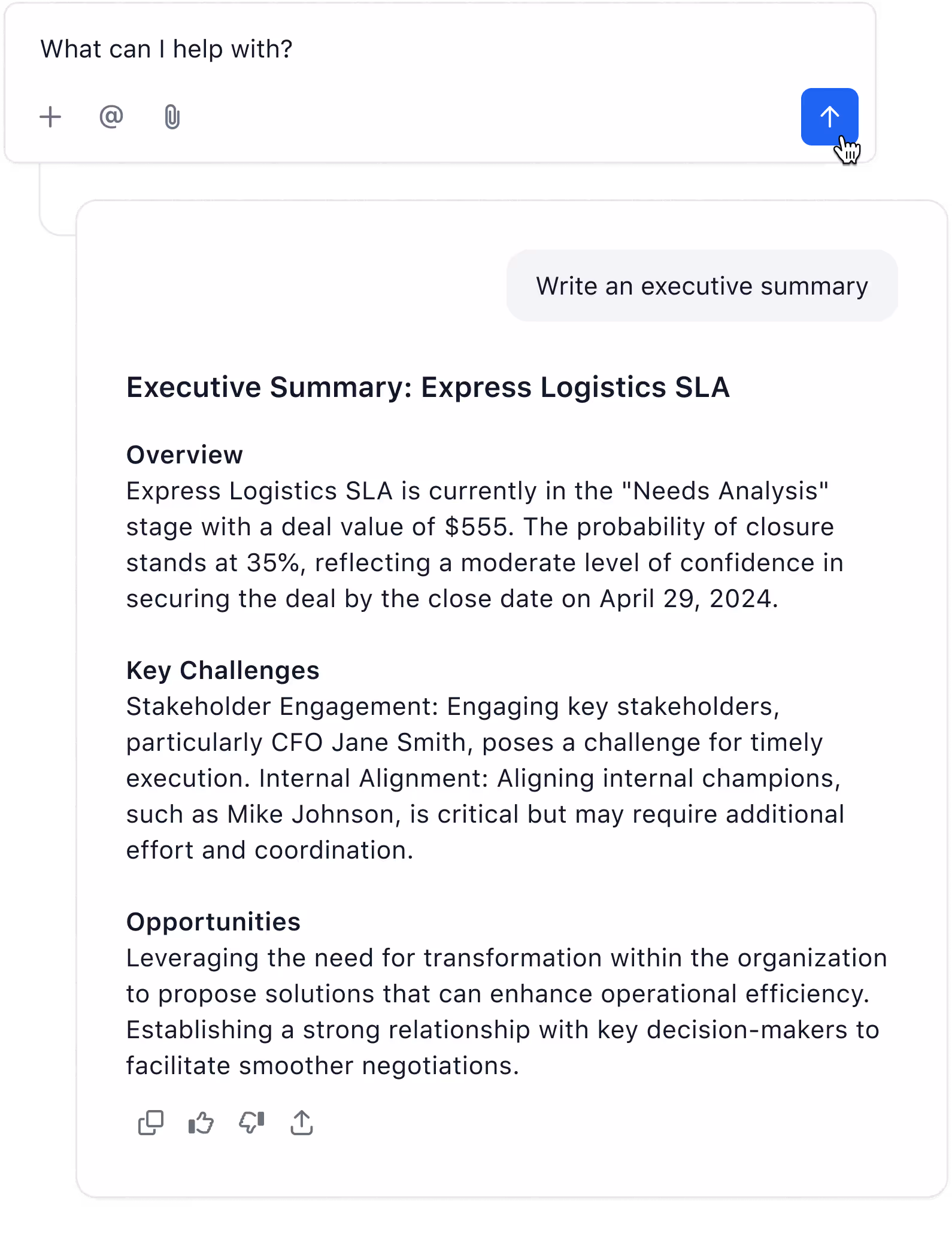 Draft and share executive summaries, deal briefs, and updates instantly