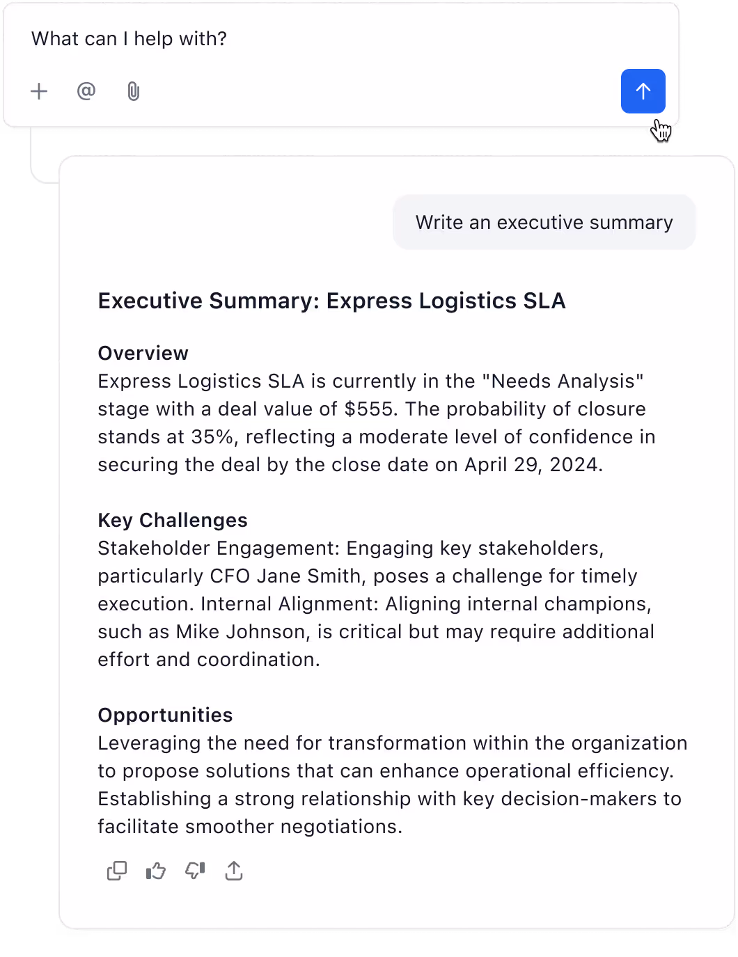 Chat interface showing a request to write an executive summary and AI-generated summary for Express Logistics SLA with overview, key challenges, and opportunities sections.