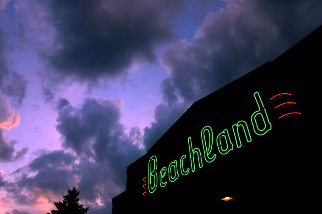 The Beachland Ballroom's neon sign lit at dusk in Cleveland.