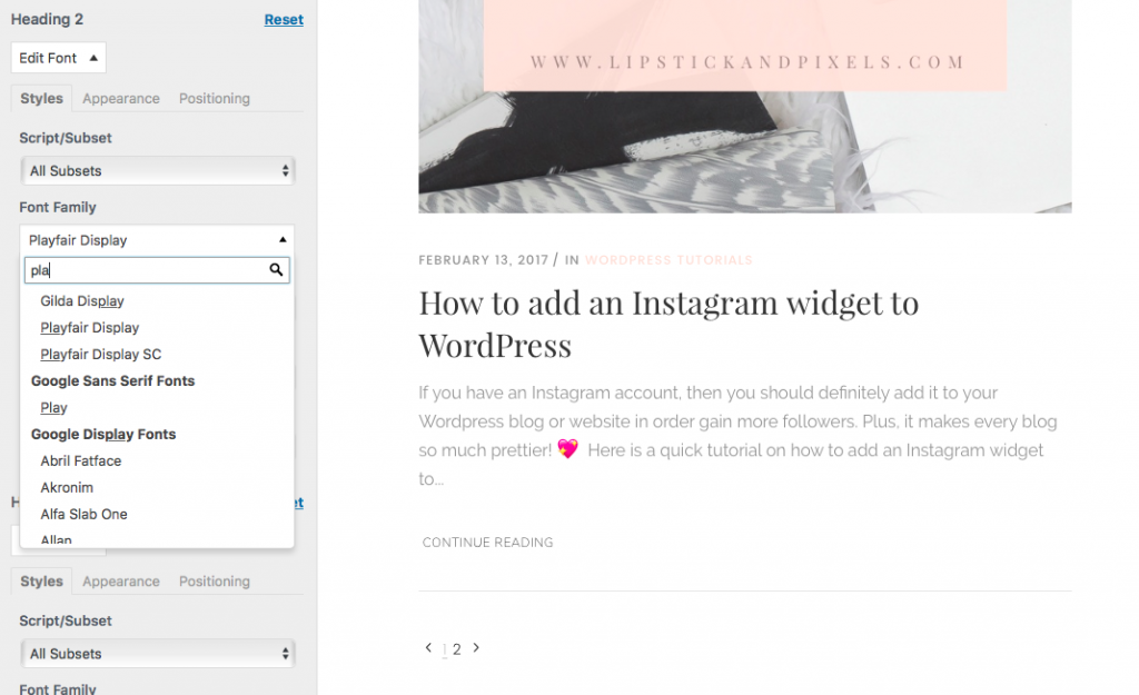 add custom fonts wordpress google fonts lipstick and pixels