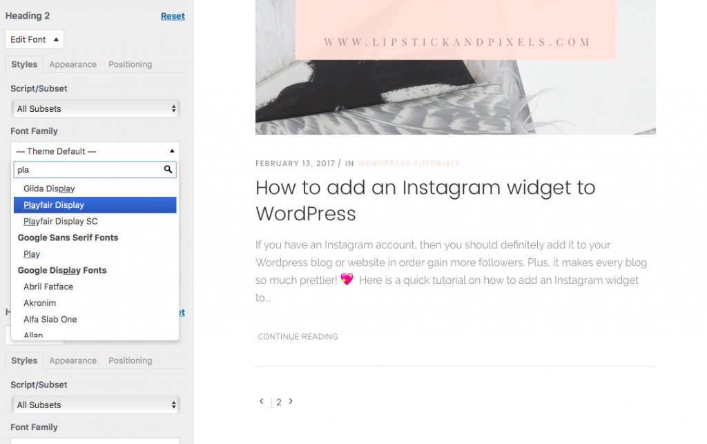 add custom fonts wordpress google fonts lipstick and pixels