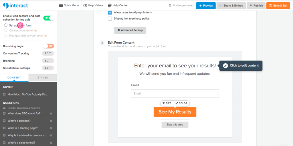 Boost your email list using quizzes with Interact