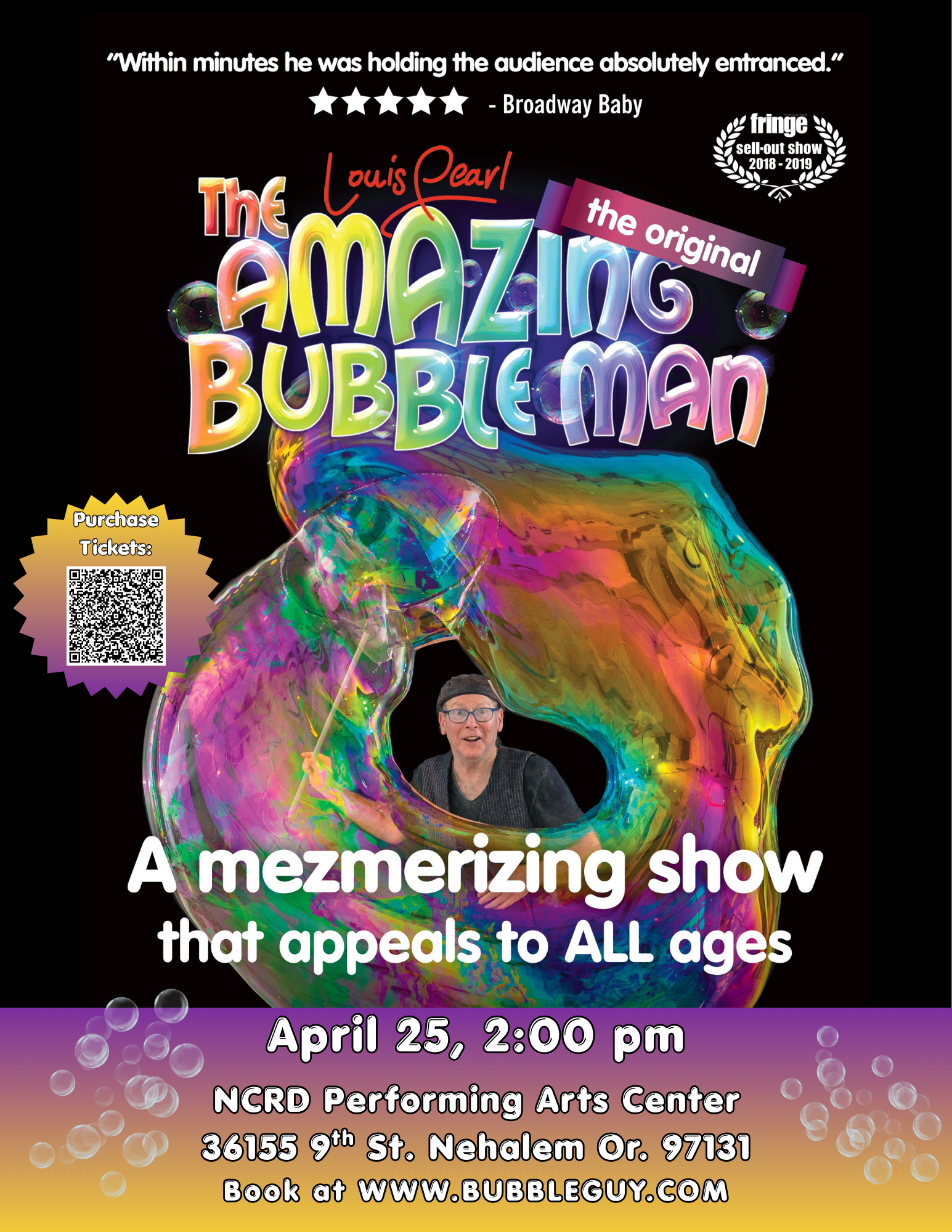 Louis Pearl is one of the world’s leading bubble-ologists. He began in 1980 by making, demonstrating, and selling a toy called the Bubble Trumpet on a street corner in Berkeley, California. Eventually his toy company had 147 products with international manufacturing and distribution, but Louis found that he preferred playing with the toys over selling them. He sold Tangent Toys in 2002. Since then he has been touring the world, performing hundreds of shows every year.