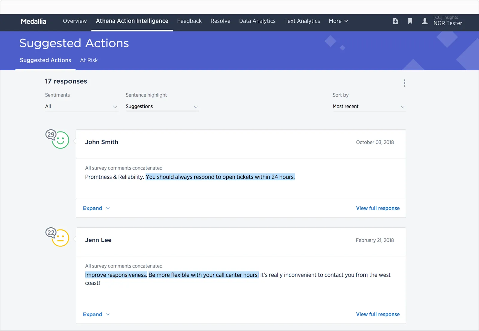 A screenshot of Medallia's dashboard - SentiSum