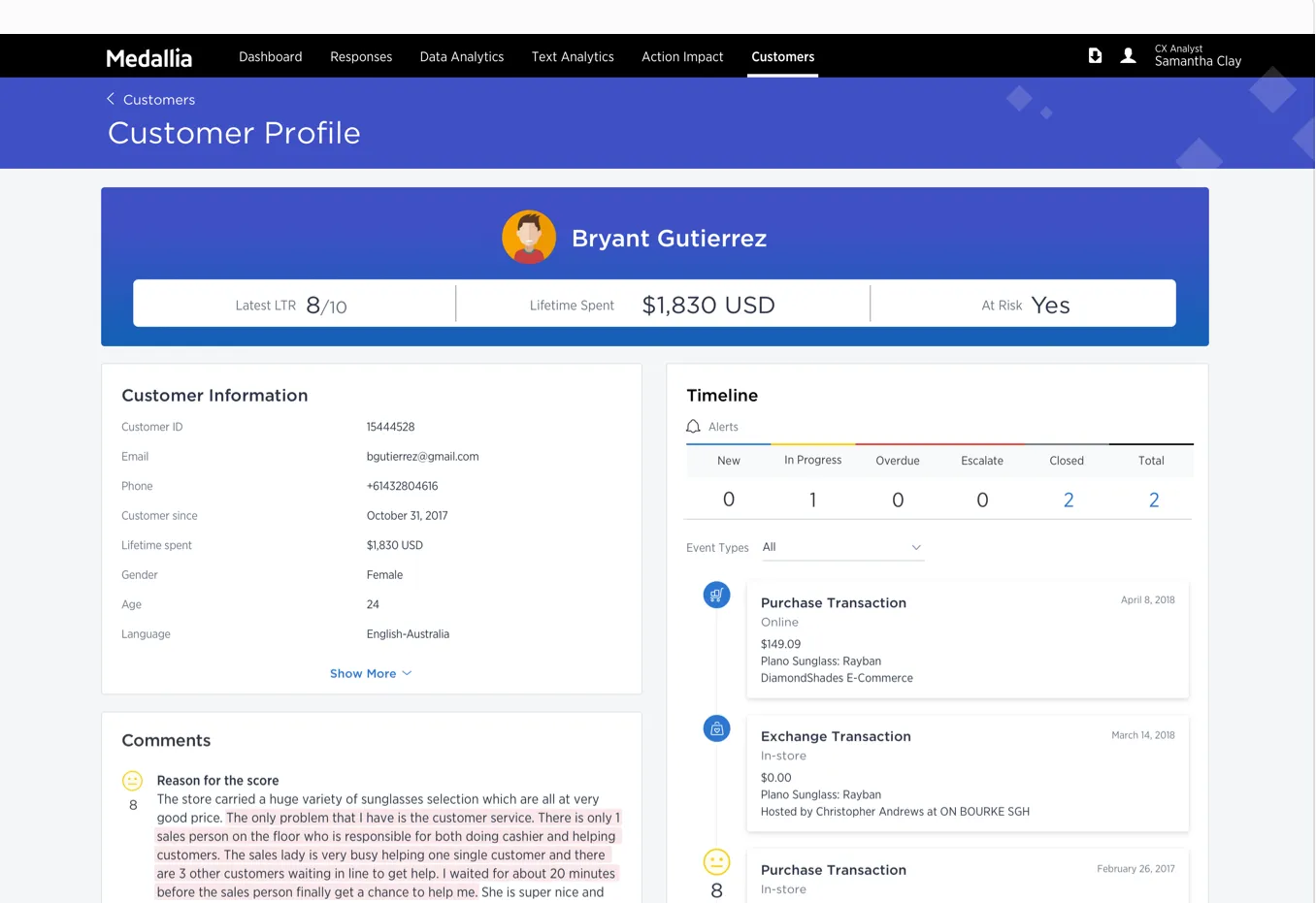 A screenshot of Medallia's dashboard - Adriel