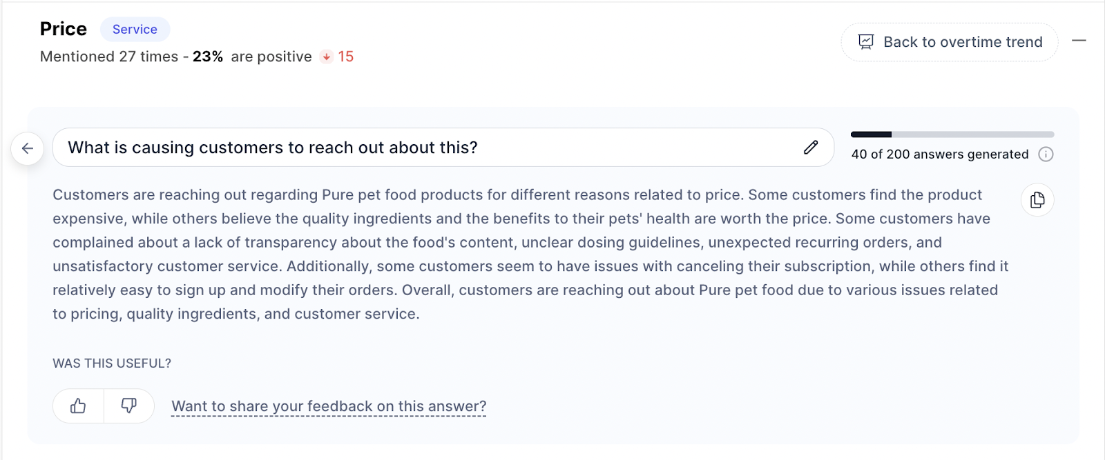 A screenshot of SentiSum's AI called Dig In that summarizes customer reviews - SentiSum