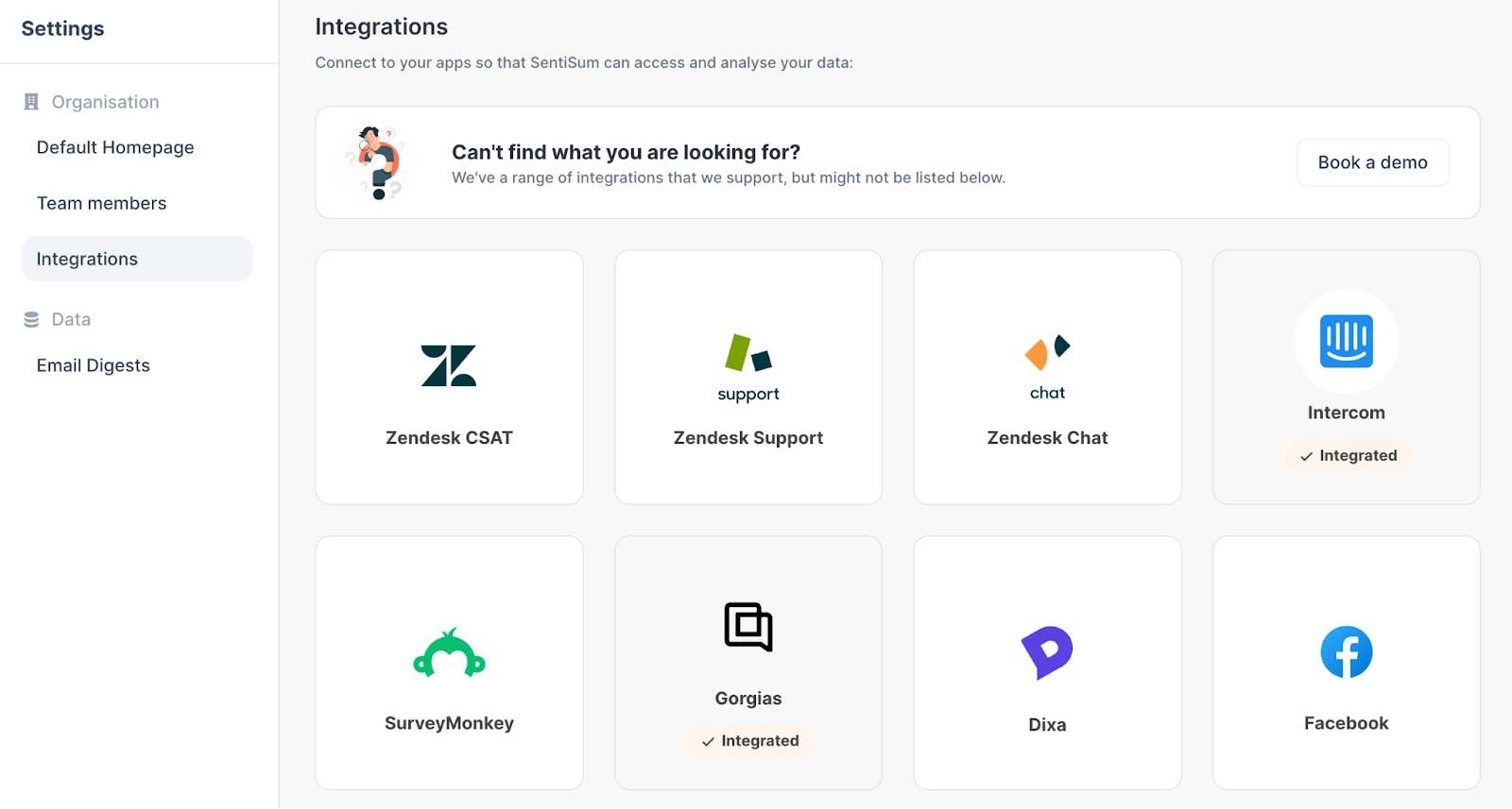 A screenshot of how to integrate with channels on Sentisum's sentiment analysis reviews software - SentiSum