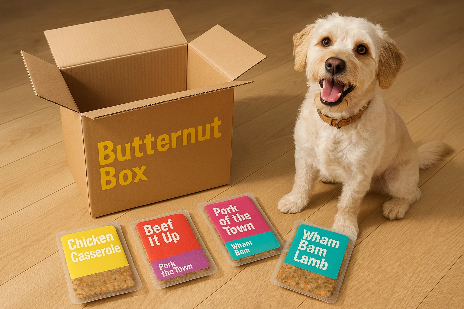 A smiling small, fluffy dog stands next to an open "Butternut Box" cardboard box