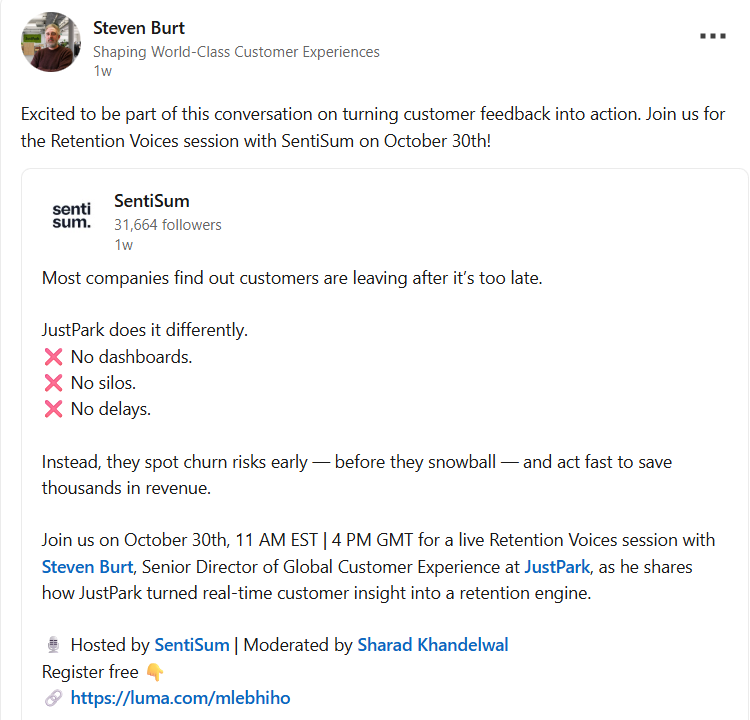LinkedIn post promoting JustPark and SentiSum retention webinar