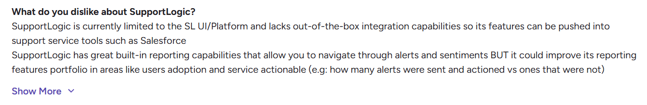 A screenshot of a G2 review of SupportLogic