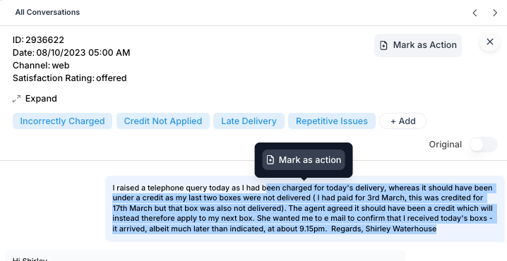 Customer conversation showing billing and delivery issues.