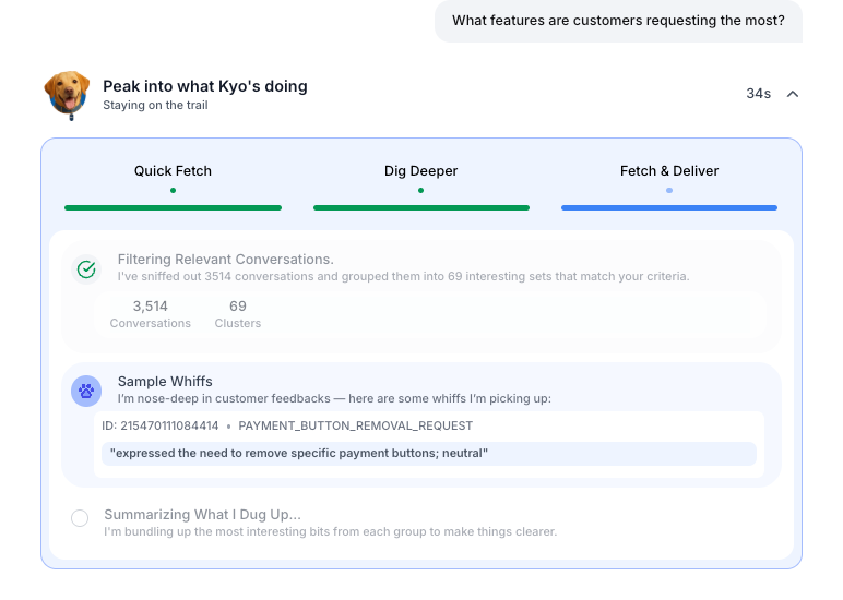 Kyo AI agent analyzing conversations for feature requests.
