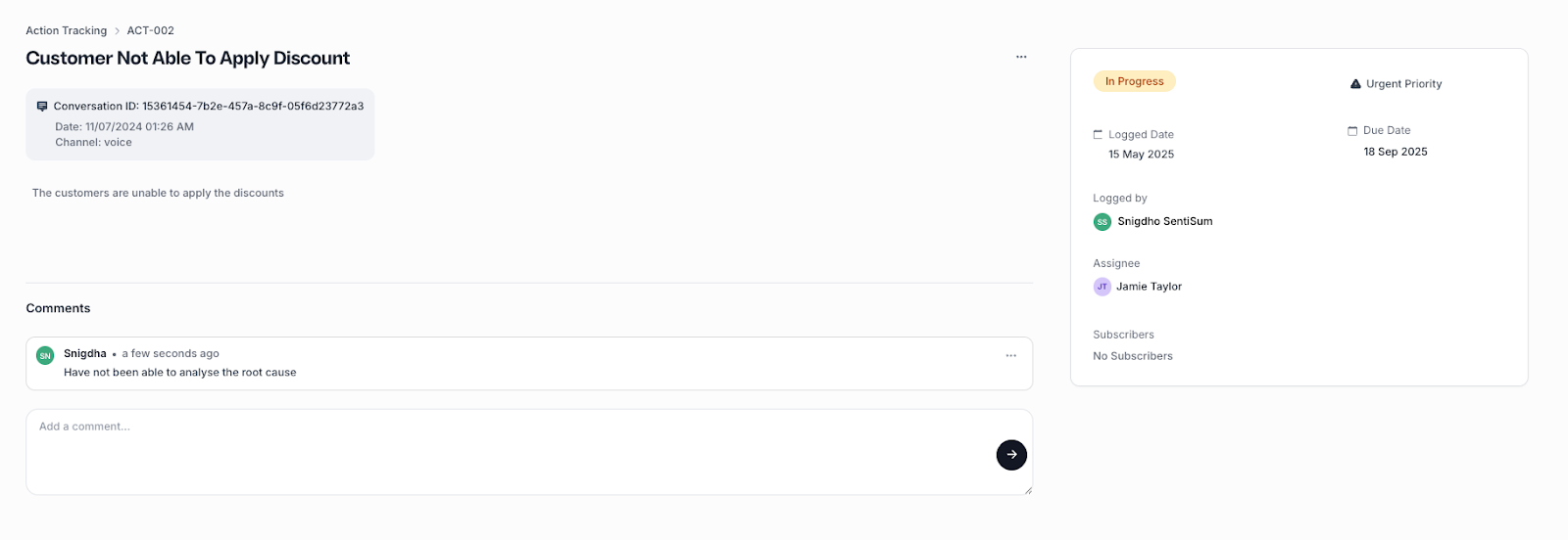A detailed support ticket view in SentiSum showing assigned agent, high-priority tag, channel source, and other details.
