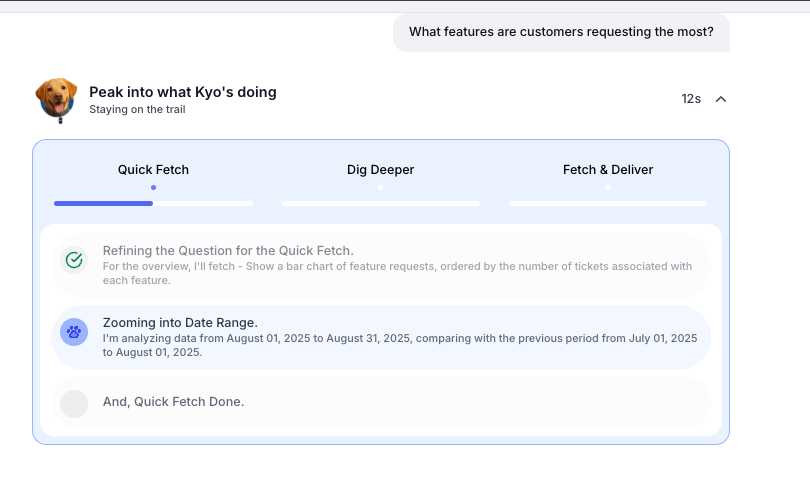 Interface shows AI analyzing feature requests timeline‍