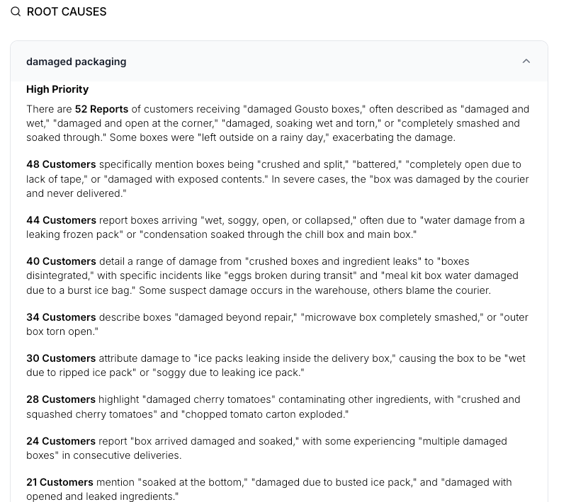 AI-driven customer insights showing root causes of damaged delivery box issues