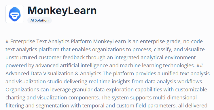 MonkeyLearn page describing AI-powered text analysis and visualization