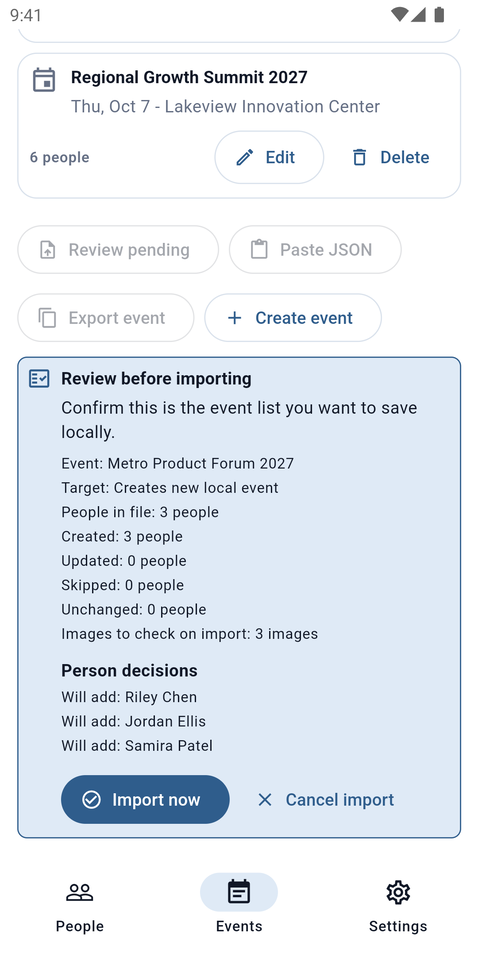 WhoCue's review screen before importing a new event's people