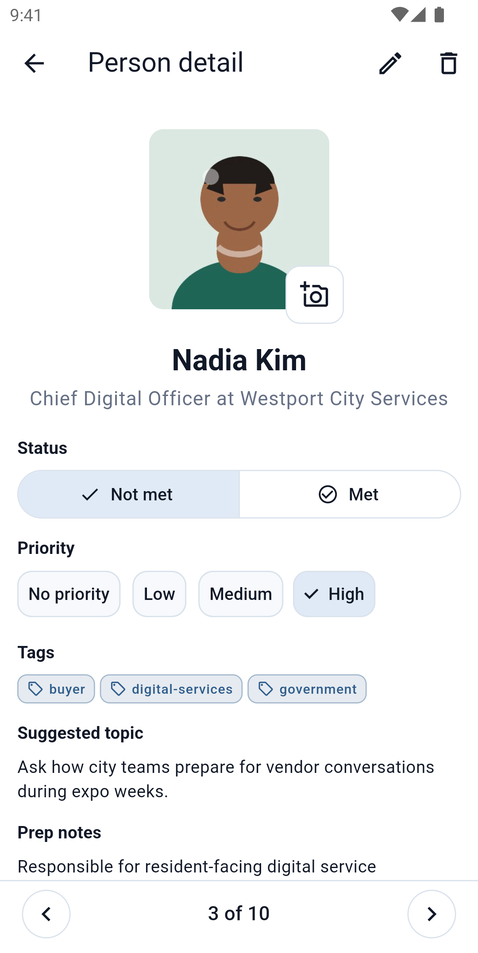 WhoCue person detail with photo, status, priority, tags, and a suggested topic