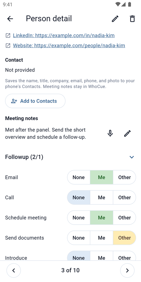 WhoCue meeting notes with a microphone for dictation, and follow-ups to track