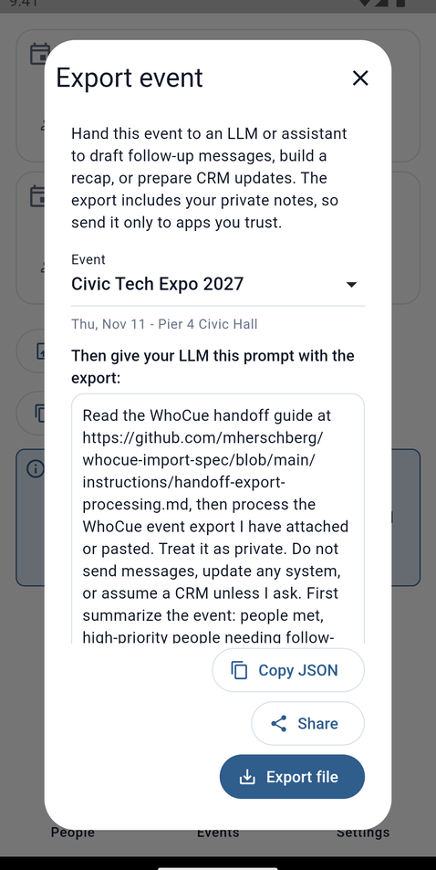 WhoCue Export event dialog with a follow-up prompt, Copy JSON, Share, and Export file