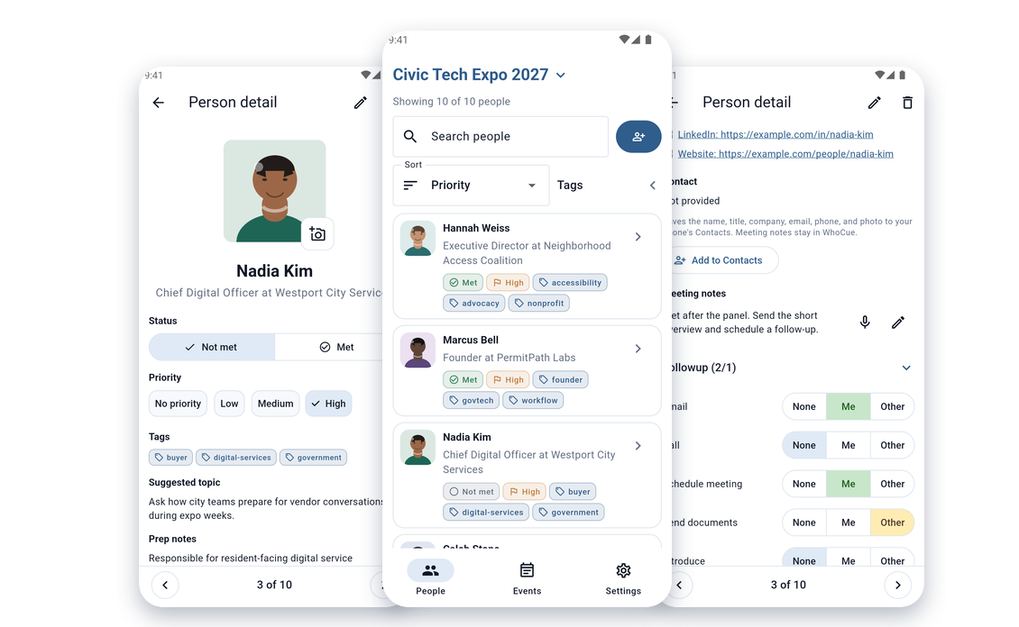 WhoCue app screens: an event's people list and a person's details