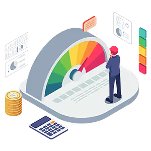 Isometric illustration of a person analyzing a colorful financial speedometer with coins, calculator, and charts around.