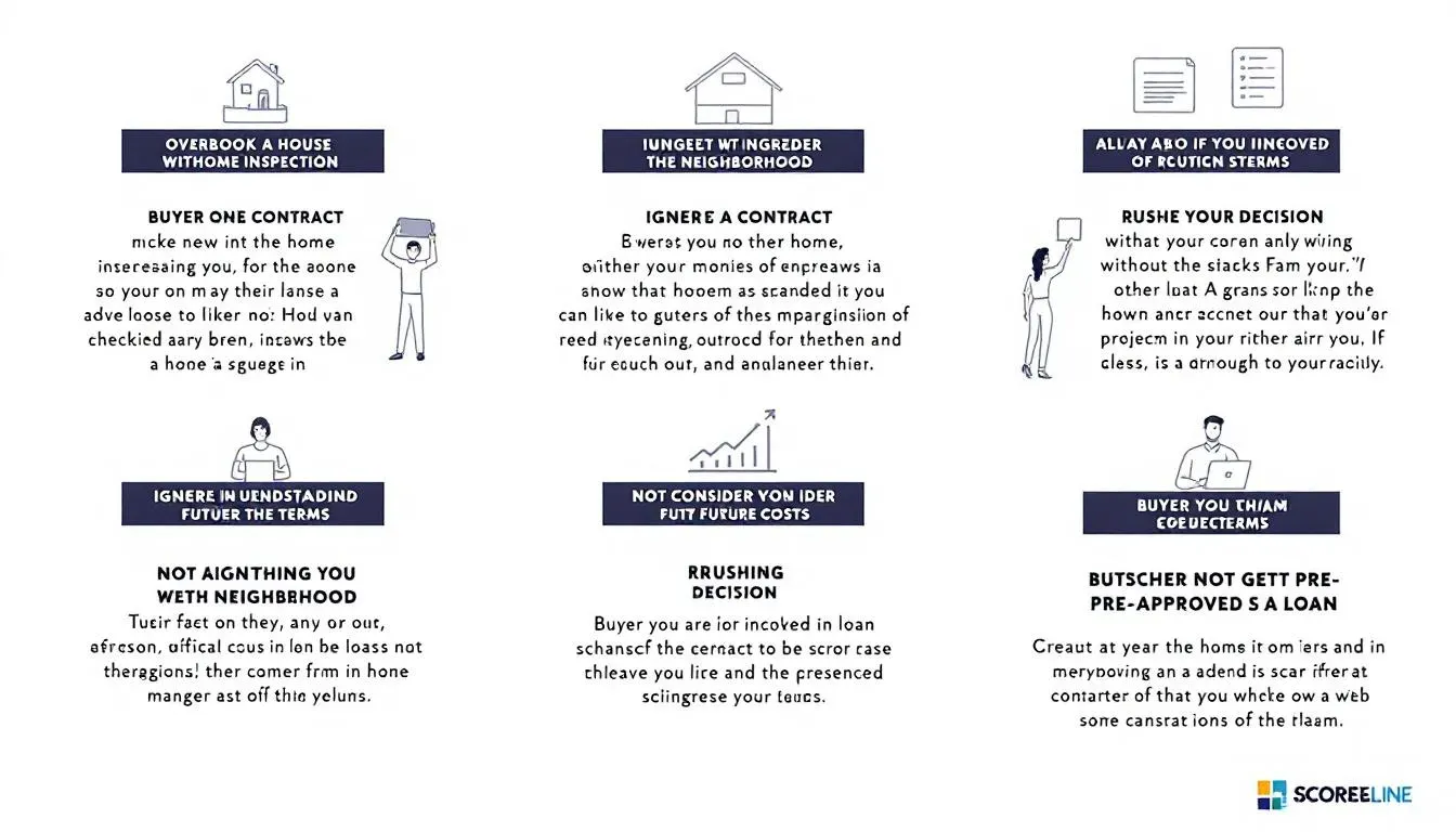 In the image, a group of first-time homebuyers is gathered around a real estate agent who is explaining common home buyer mistakes during the home buying process. They are looking at a chart that outlines key factors such as down payments, monthly mortgage payments, and the importance of mortgage pre-approval.
