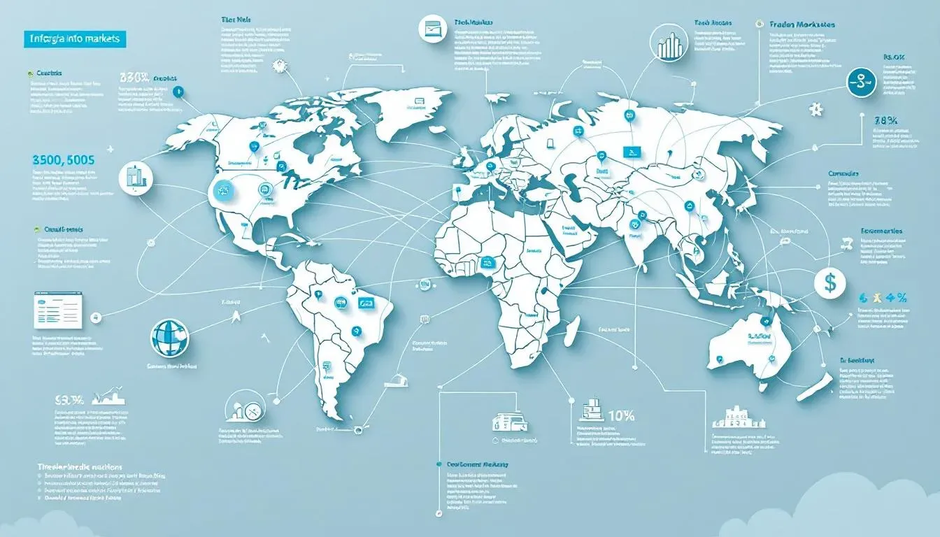 The image depicts a bustling financial district, showcasing the stock market and various banks, symbolizing the global economy. It highlights key elements such as interest rates, economic growth, and the influence of the Federal Reserve on markets and consumers.