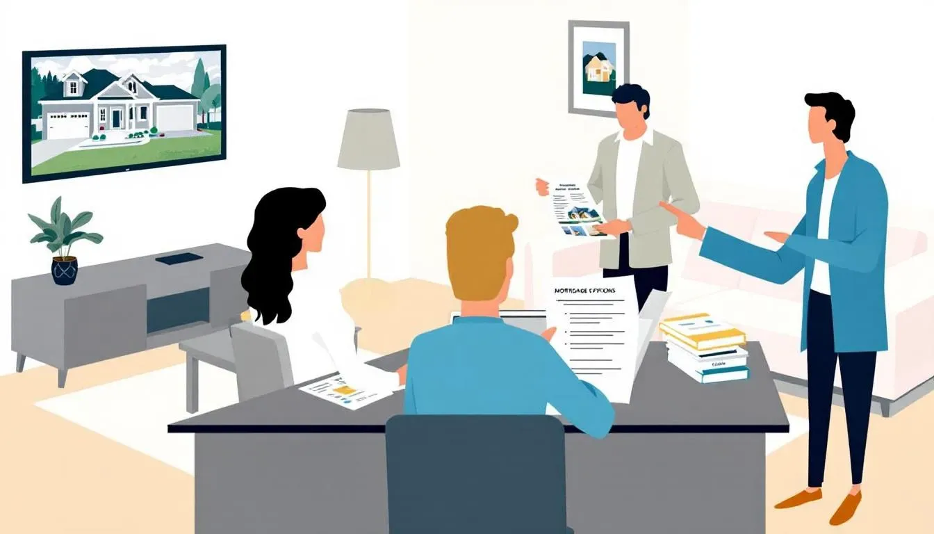 In this image, a couple is meeting with a real estate agent and a mortgage lender, discussing the homebuying process, including down payment options and closing costs. They are surrounded by documents, showing the complexity of securing a mortgage loan and navigating the steps to buying a house.