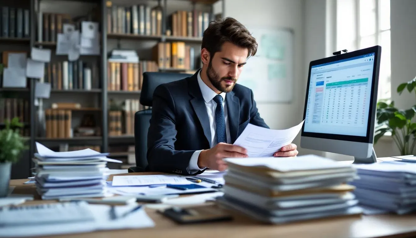 The image illustrates the mortgage underwriting process, showcasing a mortgage underwriter reviewing a mortgage application alongside various financial documents such as credit reports, recent bank statements, and employment history. This essential step in the home buying journey helps determine the mortgage amount and approval based on the applicant's financial background and debt to income ratio.
