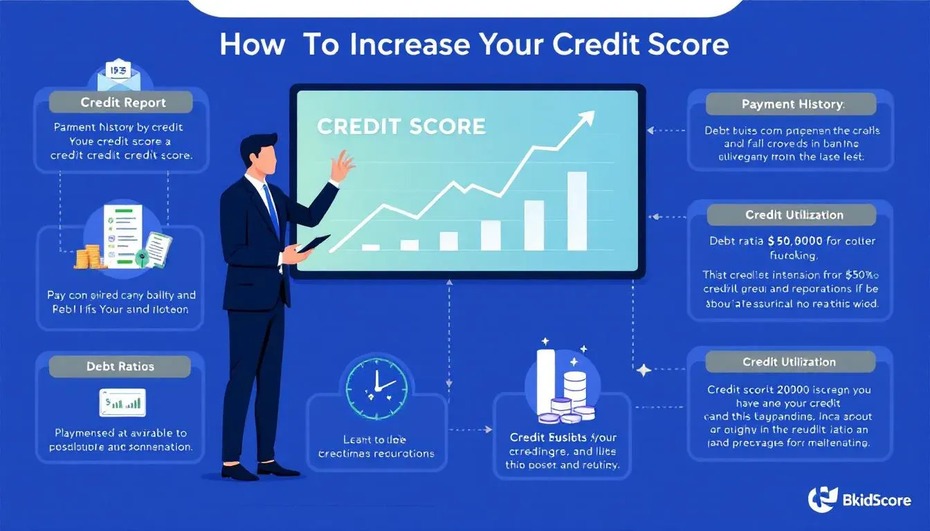 An illustration of a person celebrating their improved credit score, surrounded by symbols of credit reports and credit accounts, highlighting the importance of responsible credit behavior in achieving a higher credit score. The image emphasizes the positive impact of good credit management on loan approvals and interest rates.