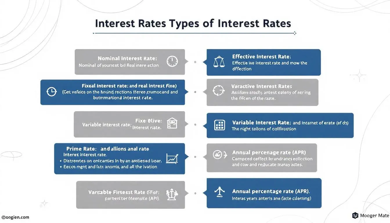 The image illustrates various types of interest rates associated with mortgage loans, including fixed-rate and adjustable-rate mortgages. It highlights key components such as monthly payments, down payments, and the impact of mortgage interest rates on overall loan costs.