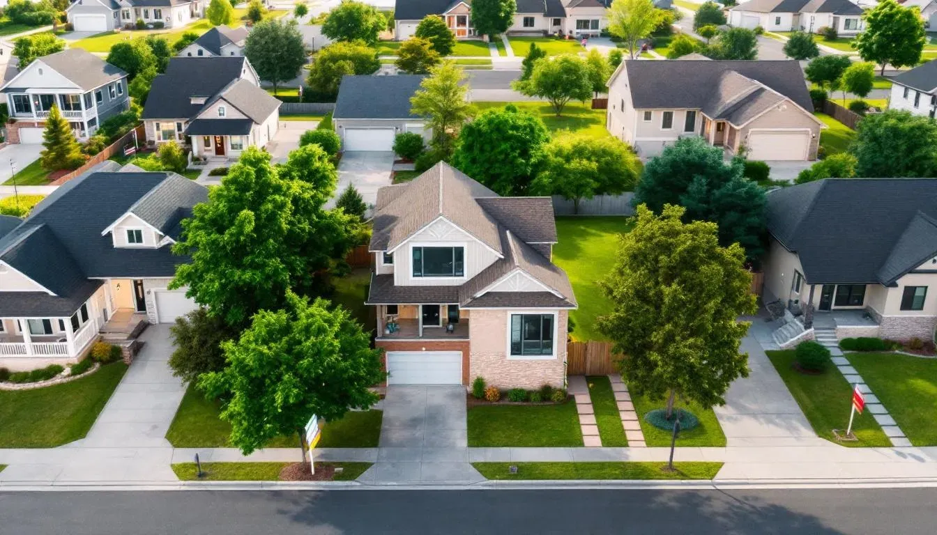 In the image depicting the housing market, various elements such as monthly mortgage payments, interest rates, and down payment options are illustrated, highlighting the complexities of home loans and the factors influencing loan approval for potential buyers. The scene conveys the importance of understanding financial aspects like debt to income ratio and closing costs in navigating the current mortgage landscape.