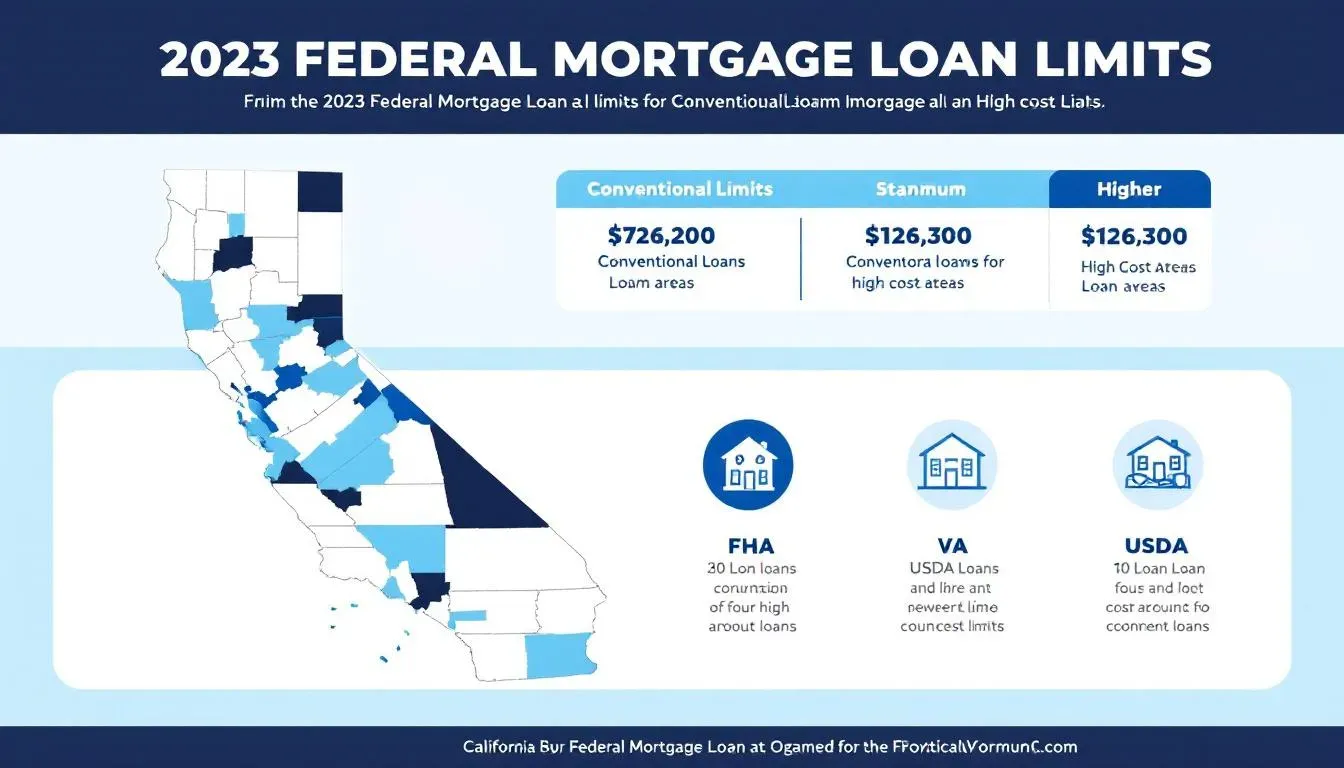 In this image, a detailed infographic illustrates the mortgage loan limits in California, highlighting the federal housing finance agency's baseline conforming loan limit values and maximum loan limits for high-cost areas. It also features comparisons of conforming loans and jumbo loans, emphasizing the impact of local median home values on applicable loan limits.