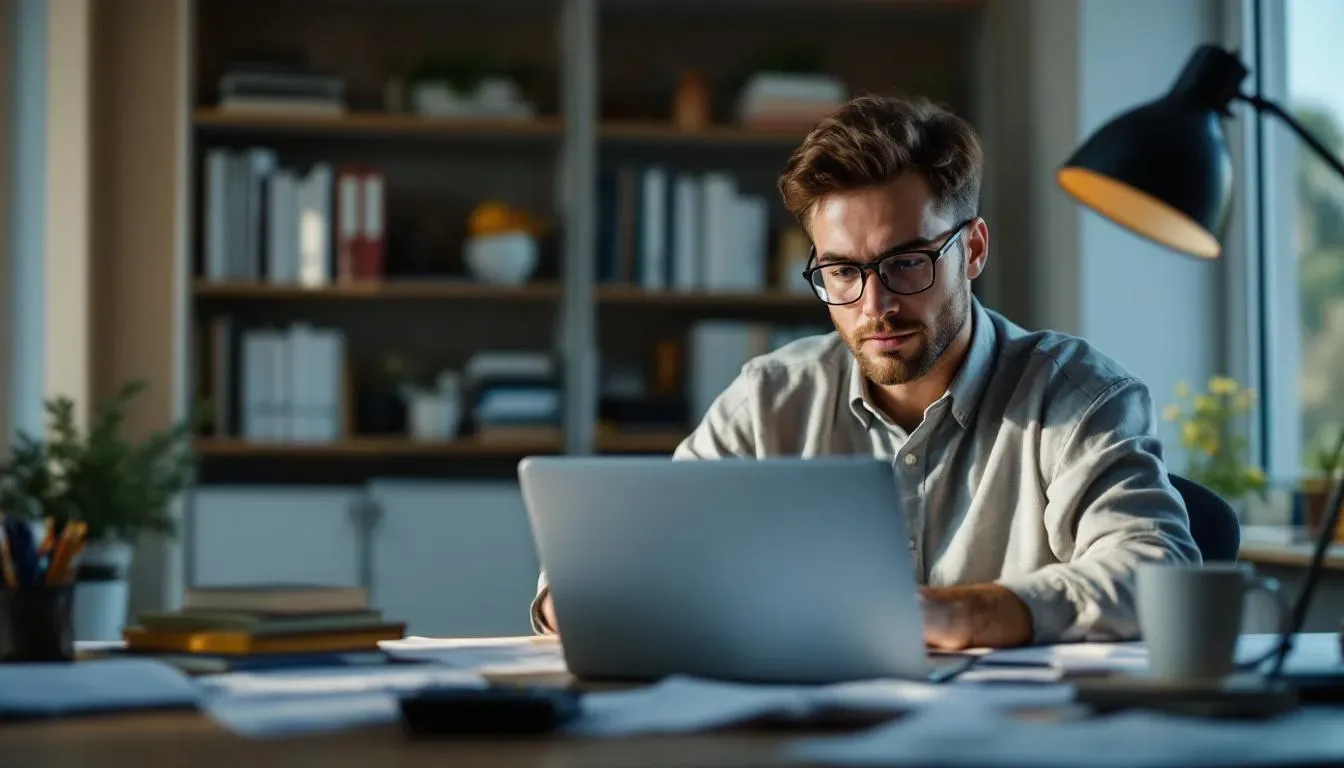 In the image, a person is sitting at a desk with a calculator, papers, and a laptop, focused on calculating their monthly debt payments and gross monthly income. This scene illustrates the process of determining the debt to income ratio, which is essential for assessing overall financial health and managing debt obligations.